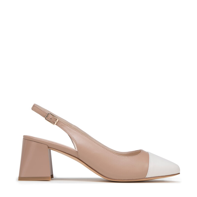 Damskie czółenka skórzane typu sling back na słupku beżowo-białe 98-D-964-90 Damskie czółenka skórzane typu sling back na słupku beżowo-białe 98-D-964-90