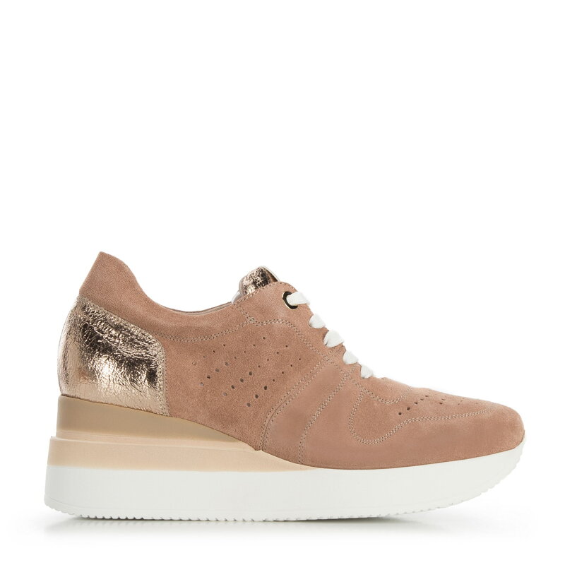 Damskie sneakersy zamszowe na koturnie w pasy zgaszony róż 95-D-654-P Damskie sneakersy zamszowe na koturnie w pasy zgaszony róż 95-D-654-P
