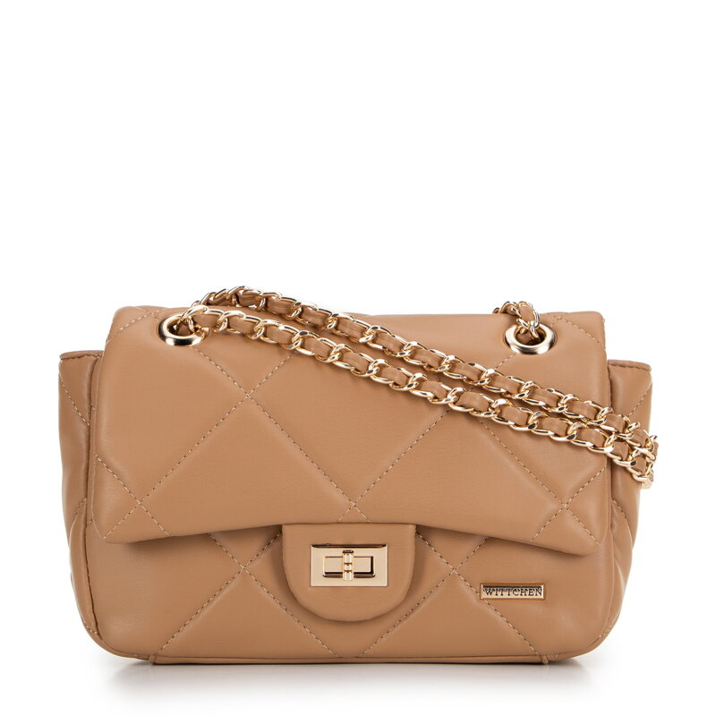 Crossbody z ekoskóry w geometryczne przeszycia beżowa 99-4Y-627-9 Crossbody z ekoskóry w geometryczne przeszycia beżowa 99-4Y-627-9